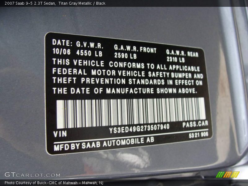 Titan Gray Metallic / Black 2007 Saab 9-5 2.3T Sedan