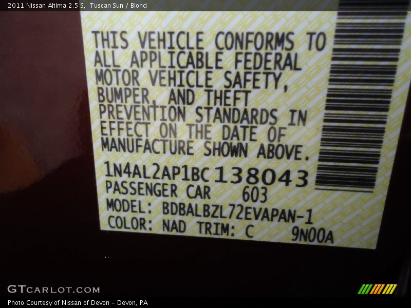 2011 Altima 2.5 S Tuscan Sun Color Code NAD