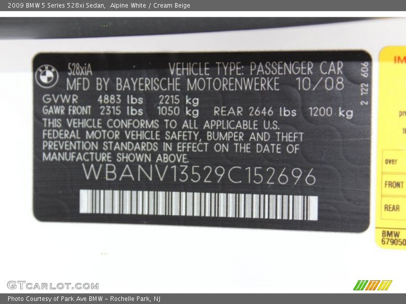 Alpine White / Cream Beige 2009 BMW 5 Series 528xi Sedan