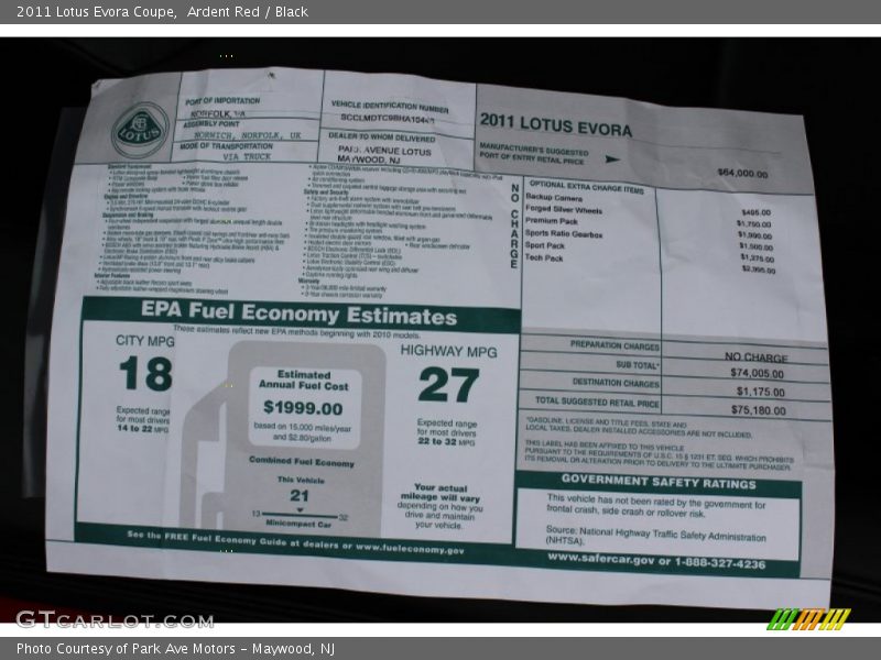  2011 Evora Coupe Window Sticker