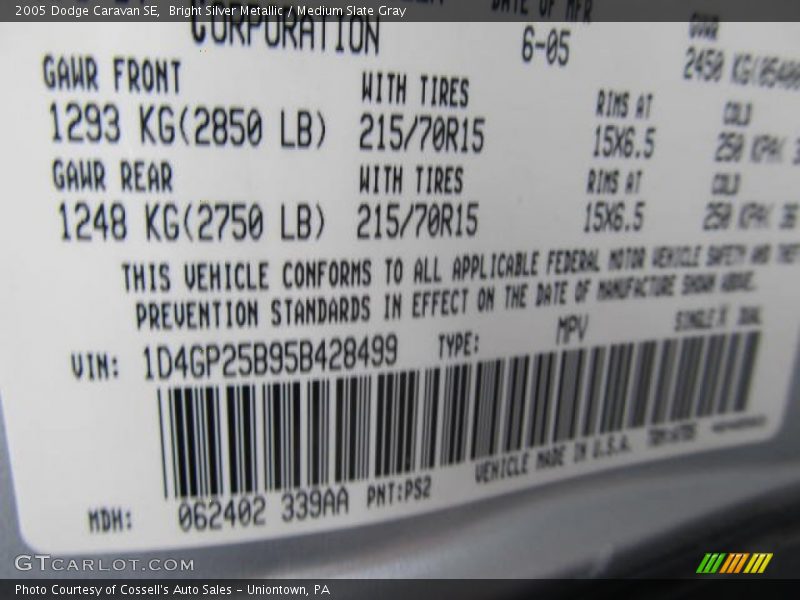 Bright Silver Metallic / Medium Slate Gray 2005 Dodge Caravan SE