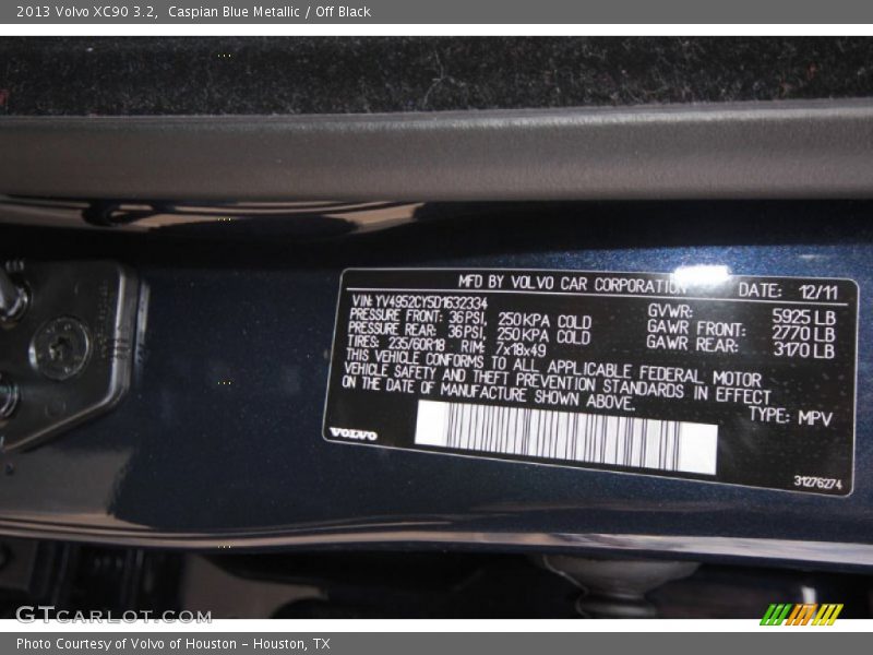 Caspian Blue Metallic / Off Black 2013 Volvo XC90 3.2