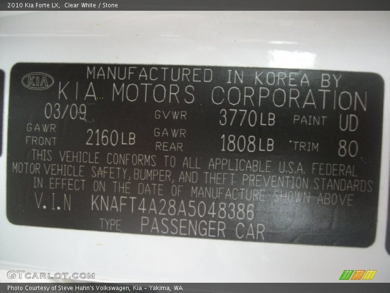 Clear White / Stone 2010 Kia Forte LX