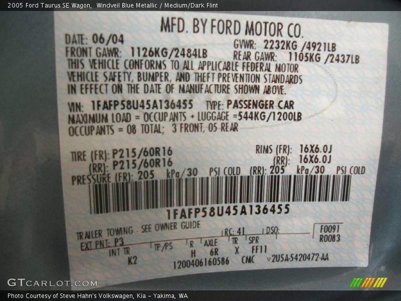 2005 Taurus SE Wagon Windveil Blue Metallic Color Code P3