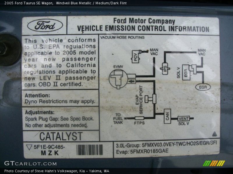 Info Tag of 2005 Taurus SE Wagon