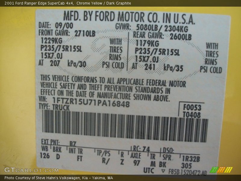 2001 Ranger Edge SuperCab 4x4 Chrome Yellow Color Code BZ