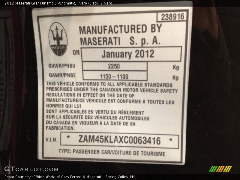 Nero (Black) / Nero 2012 Maserati GranTurismo S Automatic