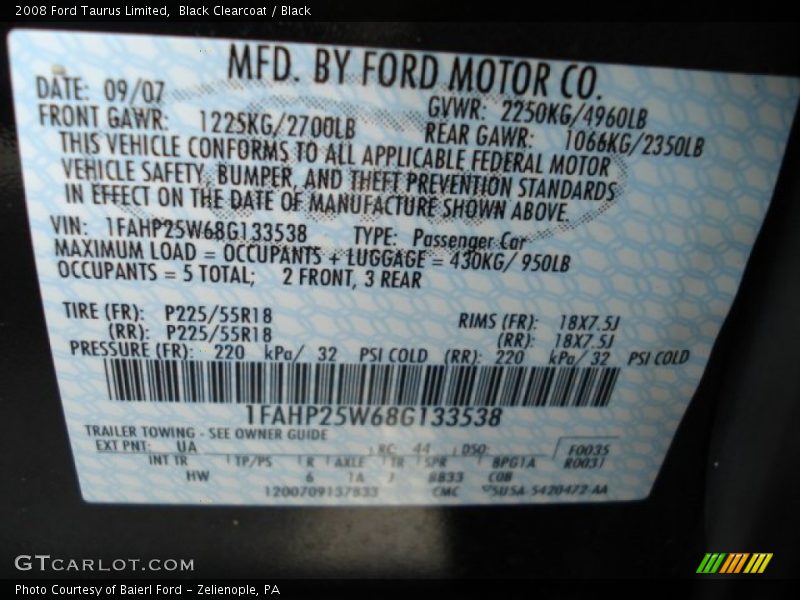 Black Clearcoat / Black 2008 Ford Taurus Limited
