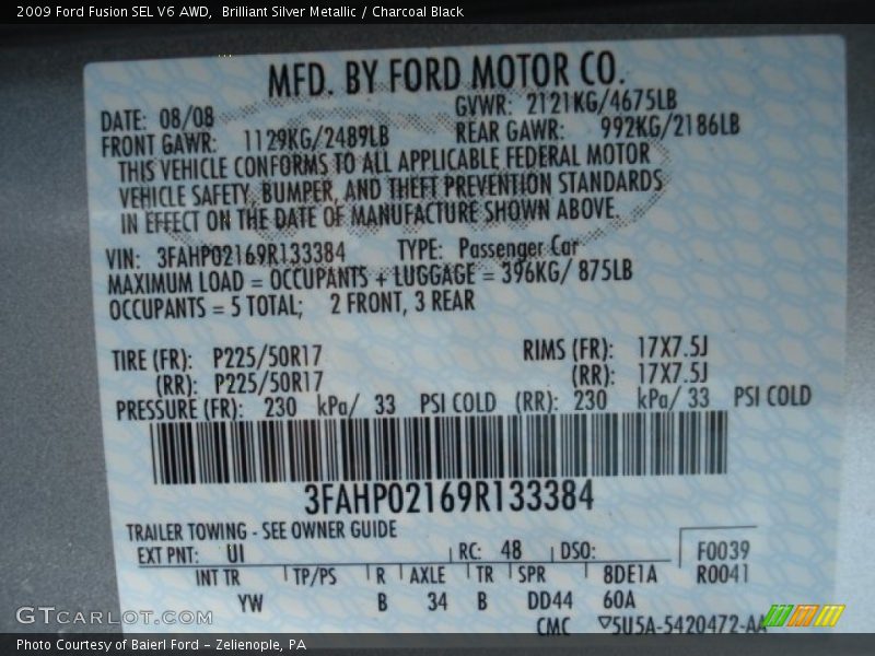 2009 Fusion SEL V6 AWD Brilliant Silver Metallic Color Code UI