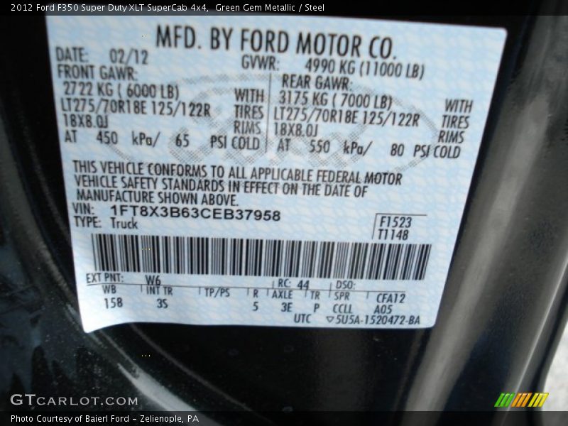 2012 F350 Super Duty XLT SuperCab 4x4 Green Gem Metallic Color Code W6
