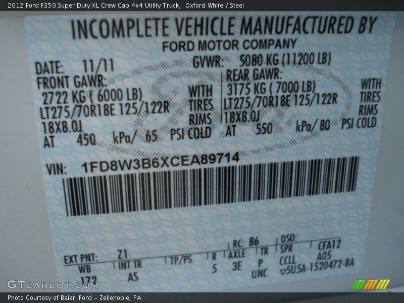 2012 F350 Super Duty XL Crew Cab 4x4 Utility Truck Oxford White Color Code Z1
