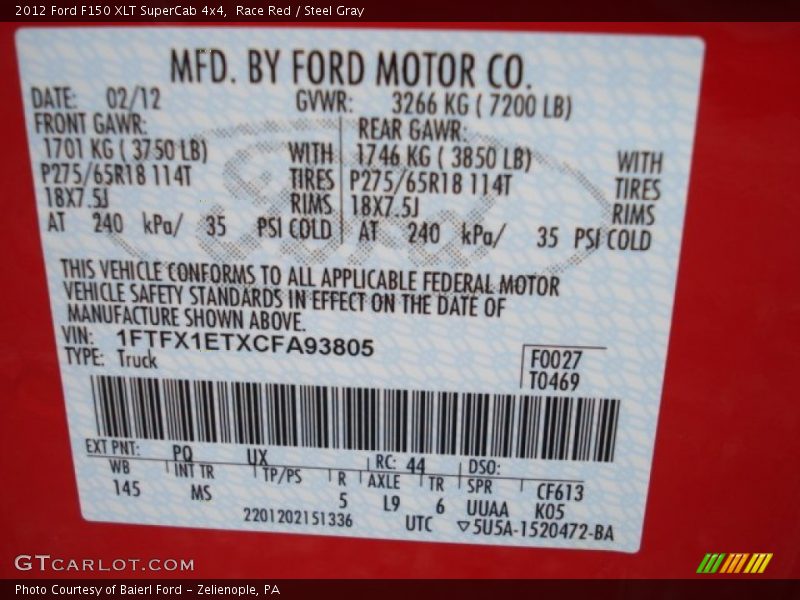 2012 F150 XLT SuperCab 4x4 Race Red Color Code PQ