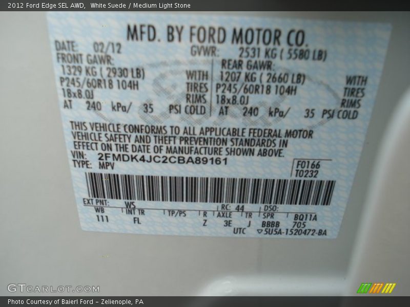 2012 Edge SEL AWD White Suede Color Code WS