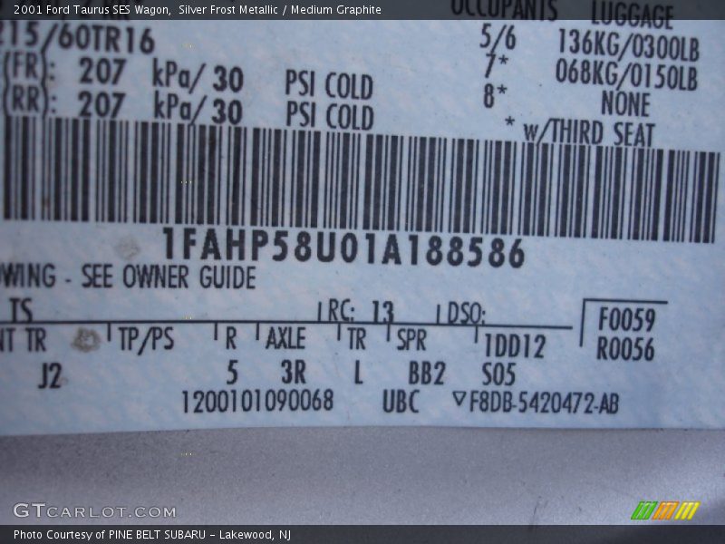 2001 Taurus SES Wagon Silver Frost Metallic Color Code TS