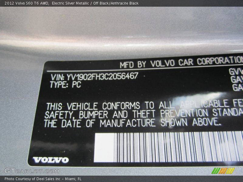 Electric Silver Metallic / Off Black/Anthracite Black 2012 Volvo S60 T6 AWD