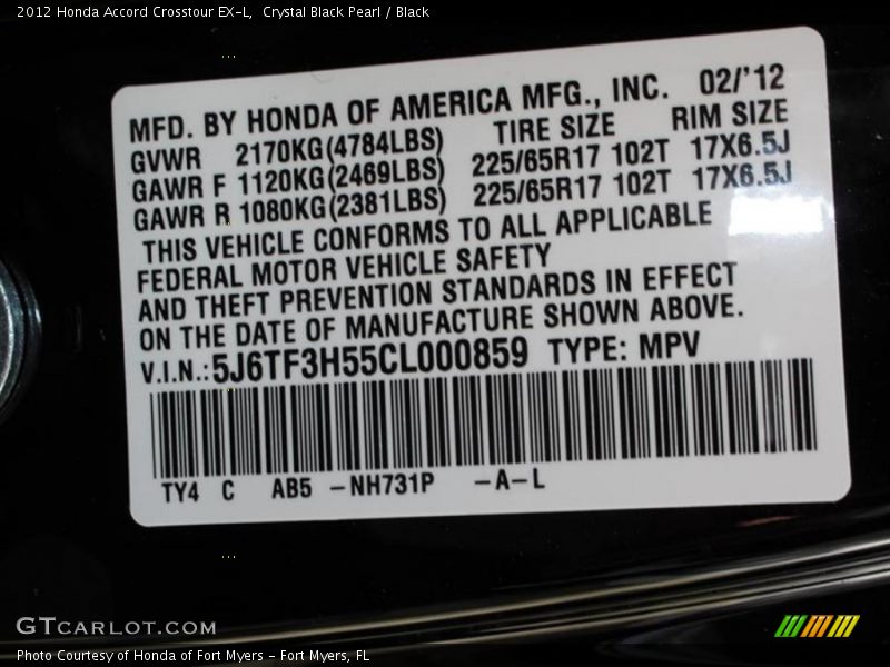 2012 Accord Crosstour EX-L Crystal Black Pearl Color Code NH731P
