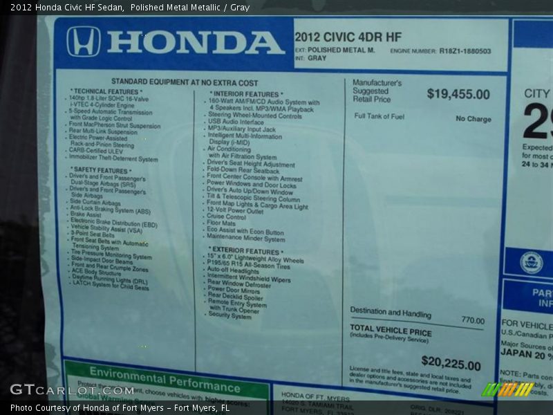 Polished Metal Metallic / Gray 2012 Honda Civic HF Sedan
