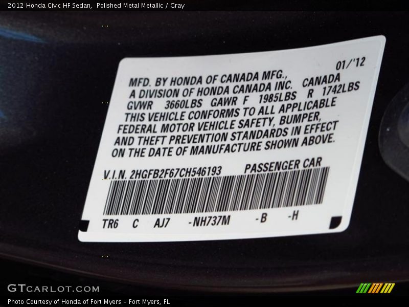 Polished Metal Metallic / Gray 2012 Honda Civic HF Sedan