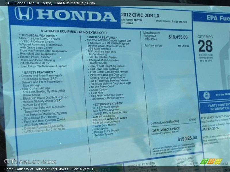 Cool Mist Metallic / Gray 2012 Honda Civic LX Coupe