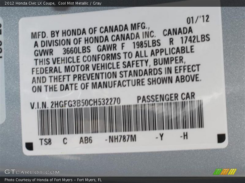 Cool Mist Metallic / Gray 2012 Honda Civic LX Coupe