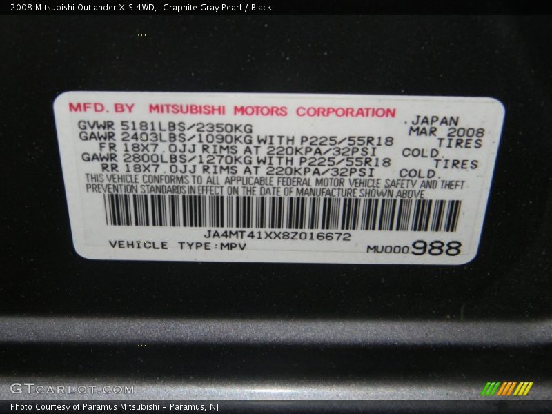 Graphite Gray Pearl / Black 2008 Mitsubishi Outlander XLS 4WD