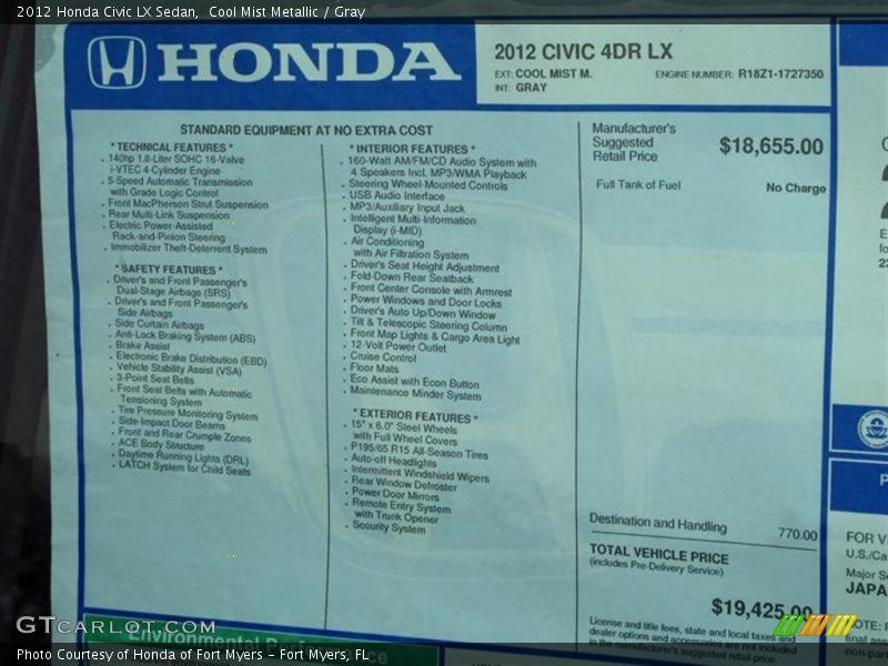 Cool Mist Metallic / Gray 2012 Honda Civic LX Sedan