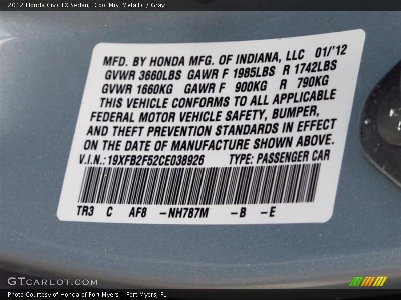 2012 Civic LX Sedan Cool Mist Metallic Color Code NH787M