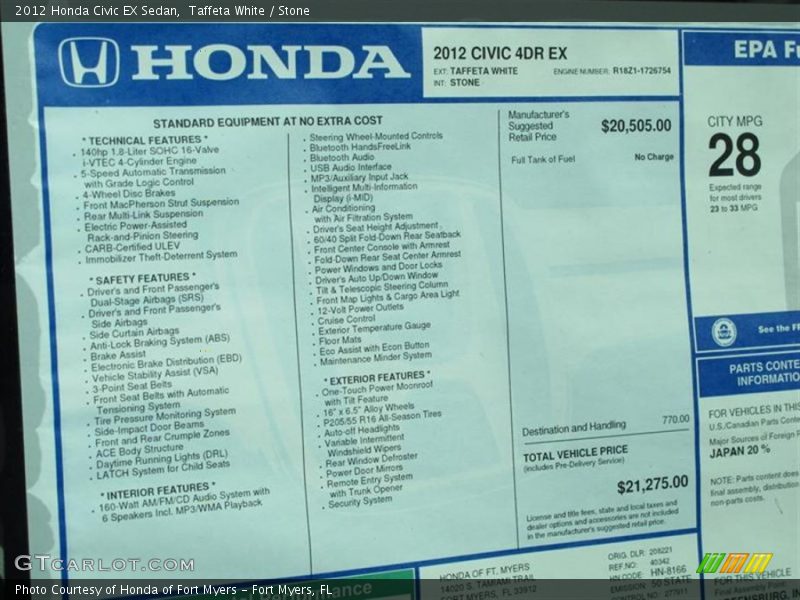 Taffeta White / Stone 2012 Honda Civic EX Sedan
