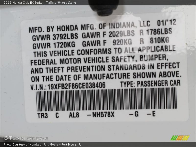 Taffeta White / Stone 2012 Honda Civic EX Sedan