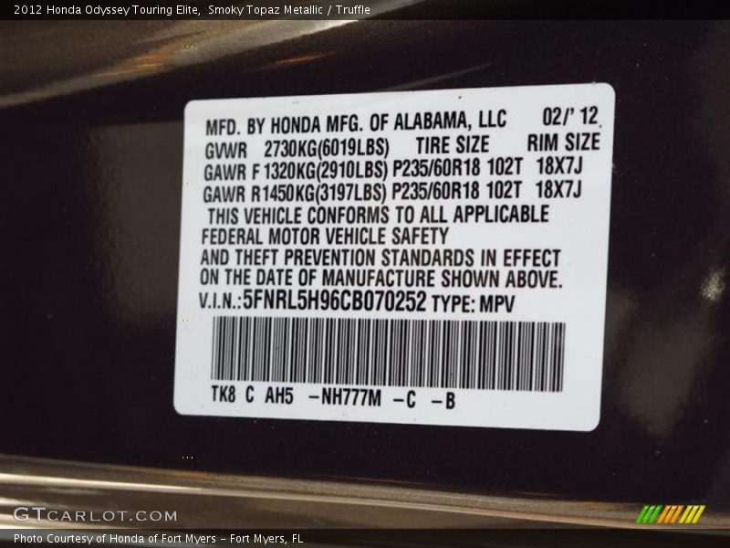 Smoky Topaz Metallic / Truffle 2012 Honda Odyssey Touring Elite