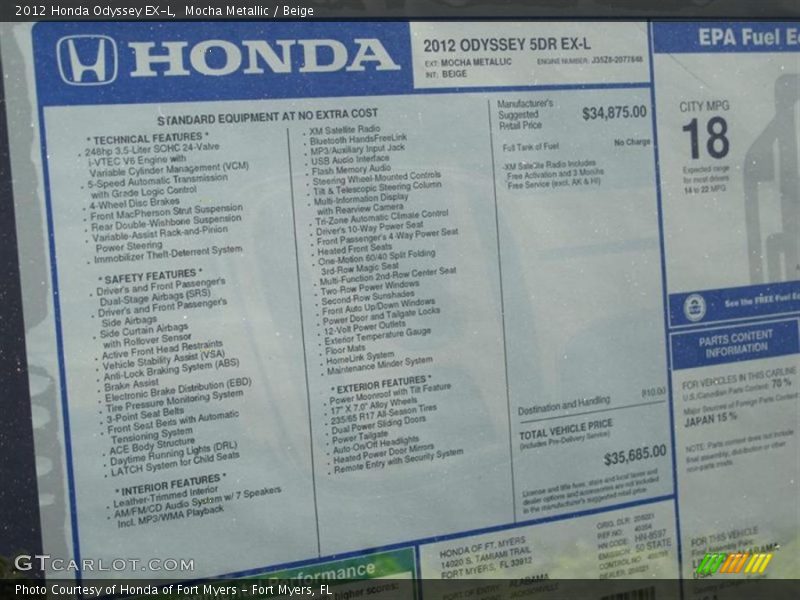  2012 Odyssey EX-L Window Sticker