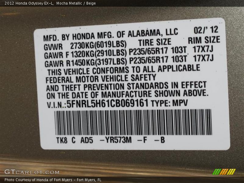 2012 Odyssey EX-L Mocha Metallic Color Code YR573M