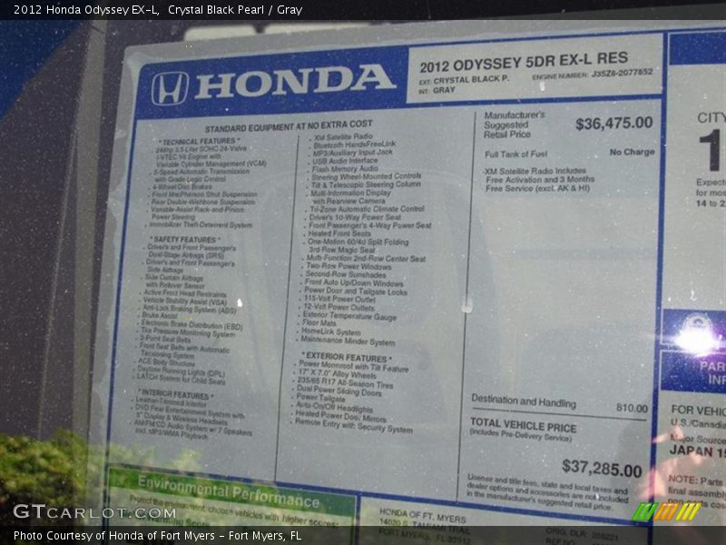 Crystal Black Pearl / Gray 2012 Honda Odyssey EX-L