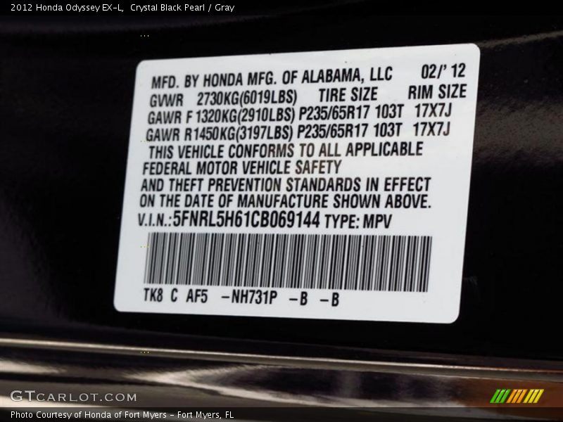Crystal Black Pearl / Gray 2012 Honda Odyssey EX-L