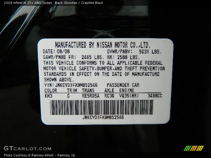 2009 M 35x AWD Sedan Black Obsidian Color Code KH3