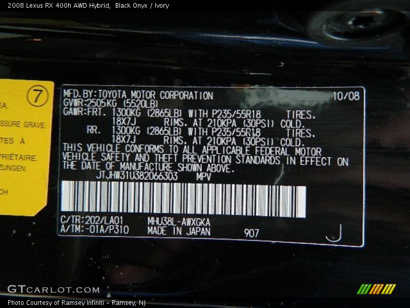 2008 RX 400h AWD Hybrid Black Onyx Color Code 202