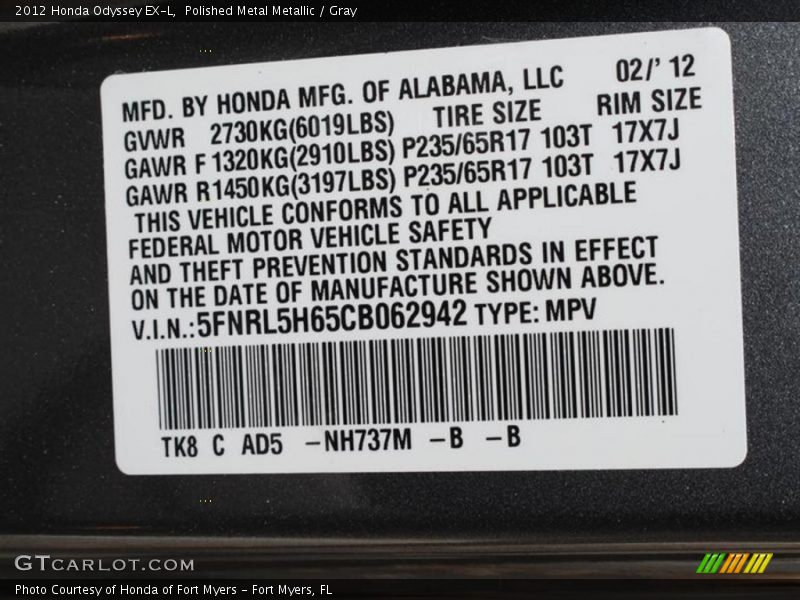 Polished Metal Metallic / Gray 2012 Honda Odyssey EX-L