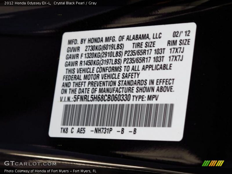 Crystal Black Pearl / Gray 2012 Honda Odyssey EX-L