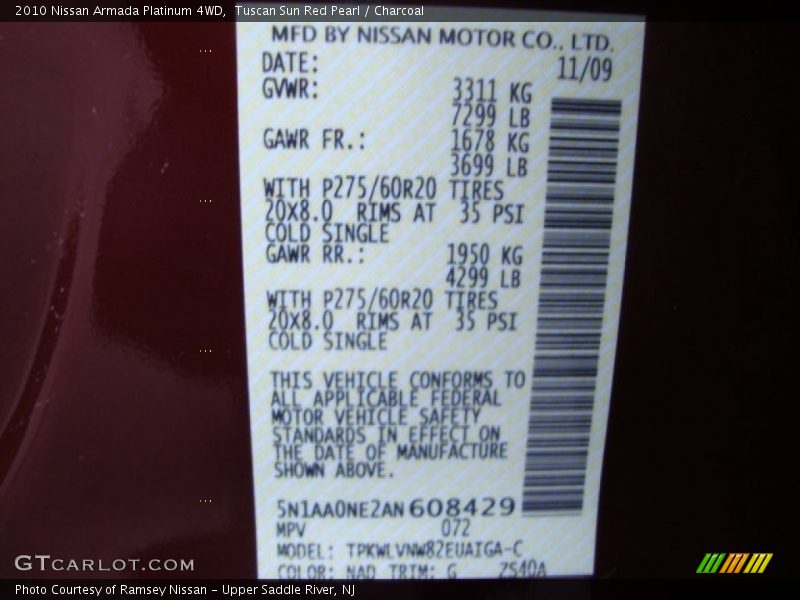 2010 Armada Platinum 4WD Tuscan Sun Red Pearl Color Code NAD