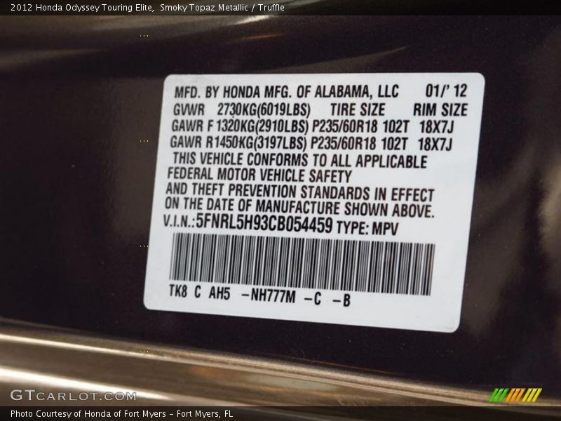 2012 Odyssey Touring Elite Smoky Topaz Metallic Color Code NH777M