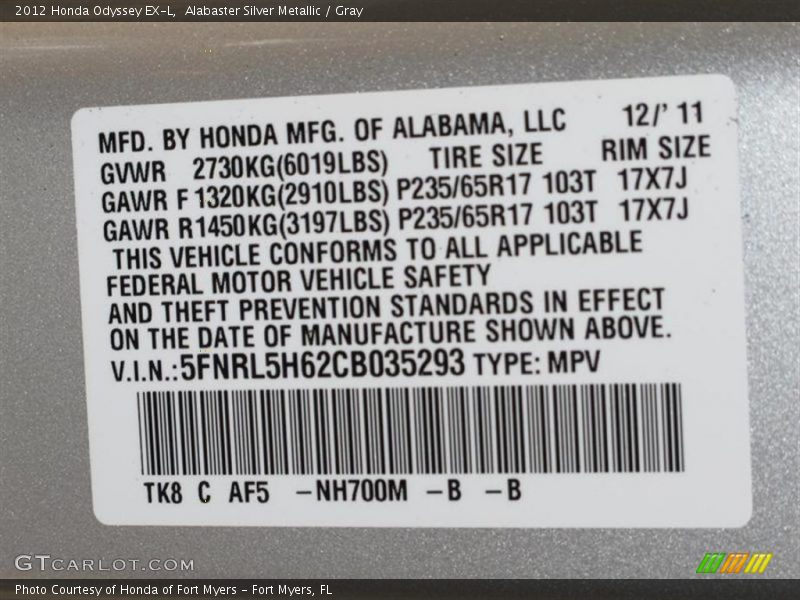 Alabaster Silver Metallic / Gray 2012 Honda Odyssey EX-L