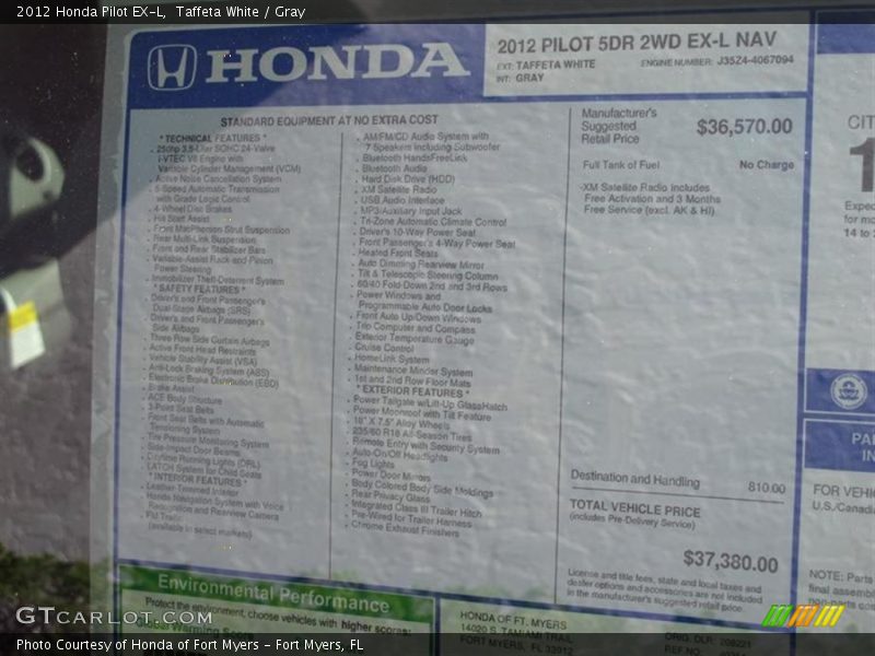  2012 Pilot EX-L Window Sticker