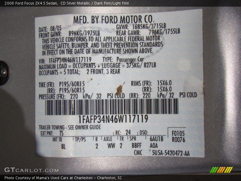 2006 Focus ZX4 S Sedan CD Silver Metallic Color Code TS