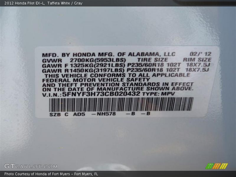 2012 Pilot EX-L Taffeta White Color Code NH578