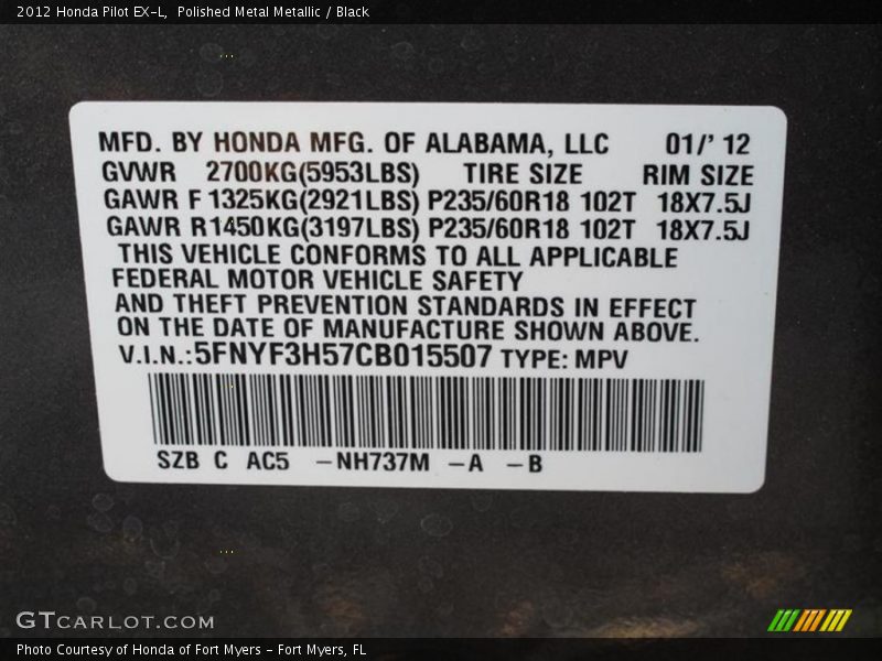 Polished Metal Metallic / Black 2012 Honda Pilot EX-L