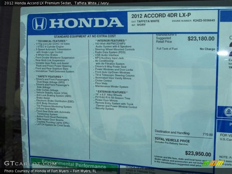  2012 Accord LX Premium Sedan Window Sticker