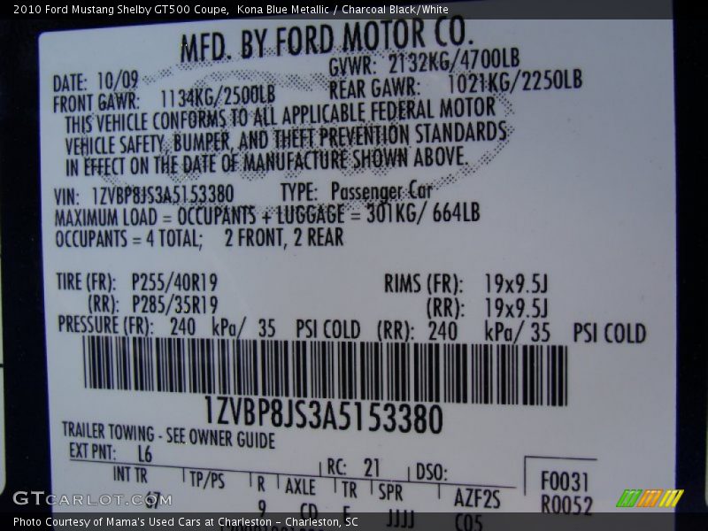 2010 Mustang Shelby GT500 Coupe Kona Blue Metallic Color Code L6