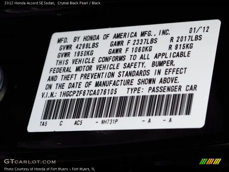Crystal Black Pearl / Black 2012 Honda Accord SE Sedan