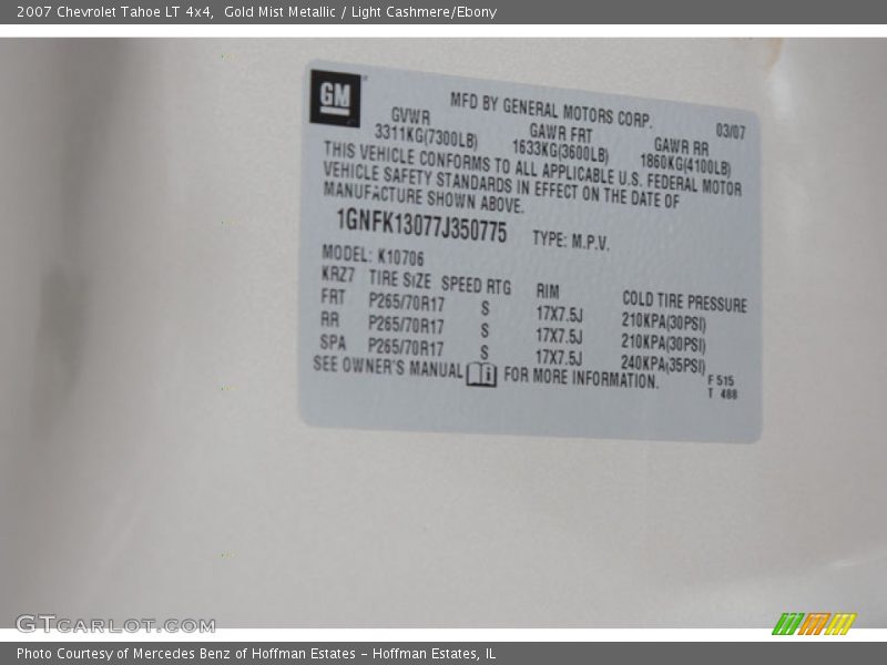 Gold Mist Metallic / Light Cashmere/Ebony 2007 Chevrolet Tahoe LT 4x4