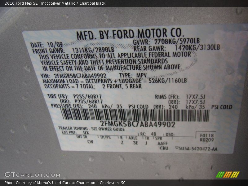 Ingot Silver Metallic / Charcoal Black 2010 Ford Flex SE